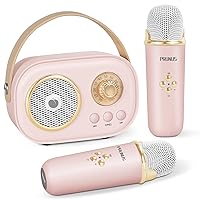 PRUNUS Mini Karaoke Machine for Kids&Adults,Portable Bluetooth Speaker with 2 Wireless Microphones and Stereo Sound Enhanced Bass,Gifts for Girls 6 7 8 9 10 11 12 Years Old Home Party Birthday(Pink)