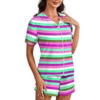 Women's Pj Set Soft 2 Piece Stripe Printed Pajamas Set Short Sleeve Loungewear Sets Pyjamas Nightwear, S-3XL