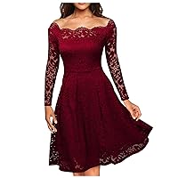 Spring Dresses for Women, Square Neck Long Sleeve Formal Dress Strapless Hollow Out A-Line Wrap Sexy Dresses Cocktail Party Summer Dress with Sleeves Semi Dresses Casual (5XL, Wine)