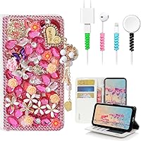 STENES Bling Wallet Case Compatible with Samsung Galaxy S8 Plus - Stylish - 3D Handmade Heart Pendant Butterfly Flowers Leather Cover with Cable Protector [4 Pack] - Pink
