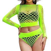 LUCKELF Women’s Fishnets Swimsuit Cover Up 2 Piece See Through Long Sleeve Crop Top with Fishnet Bottom