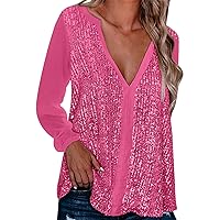 Womens Tops Black Navel Sexy Fold Tops Casual Color V Neck Blouse Womens Long Sleeve Sequin Women's Long Sleev