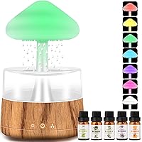 Rain Cloud Humidifier Water Drip with 5 Essential Oils, Cloud Diffuser with 7 Changing Colors Night Lights, Mushroom Humidifier Desk Bedside Water Drop Sound, Wood