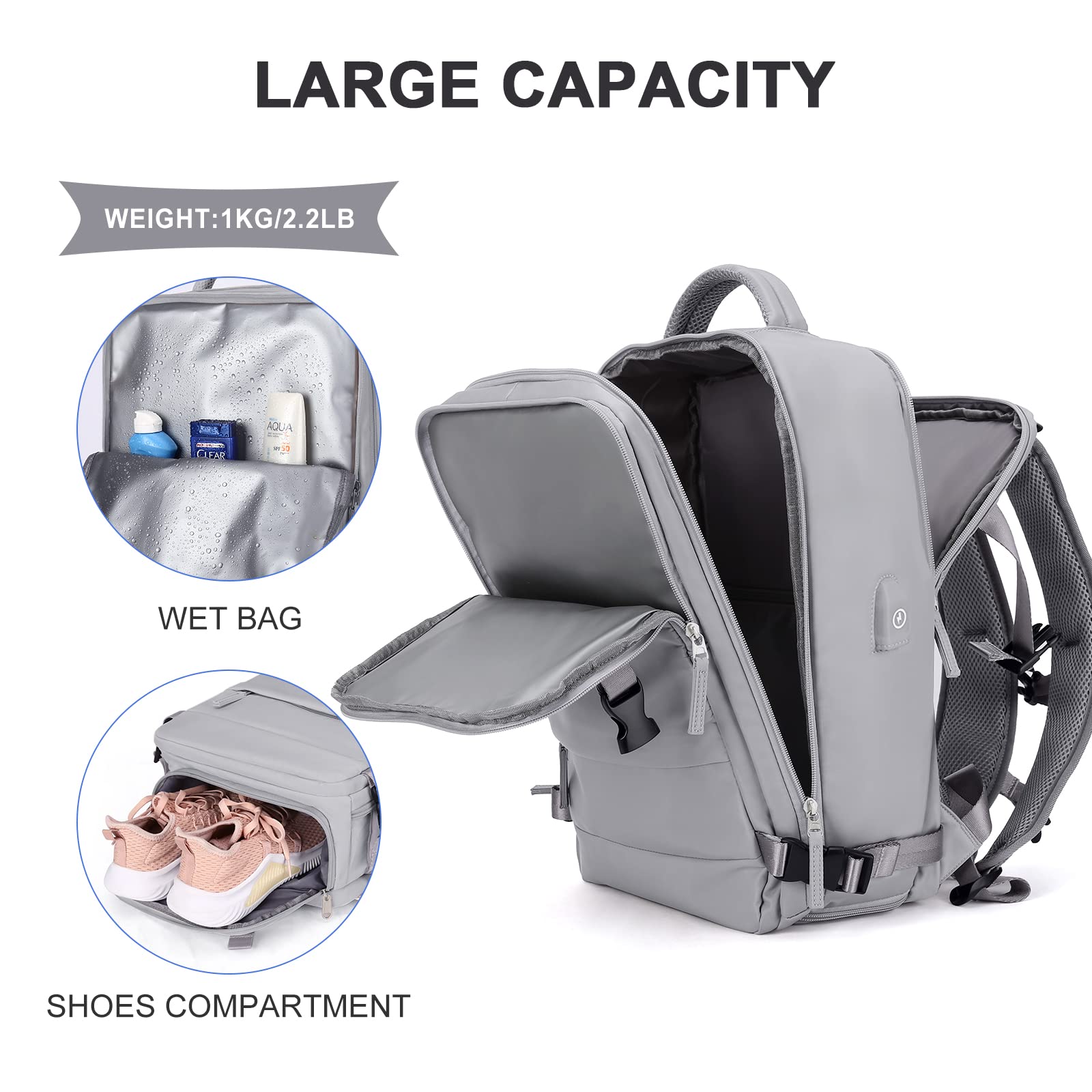 Large Travel Backpack Women, Carry On Backpack,Hiking Backpack Waterproof Outdoor Sports Rucksack Casual Daypack School Bag Fit 14 Inch Laptop with USB Charging Port Shoes Compartment color Grey