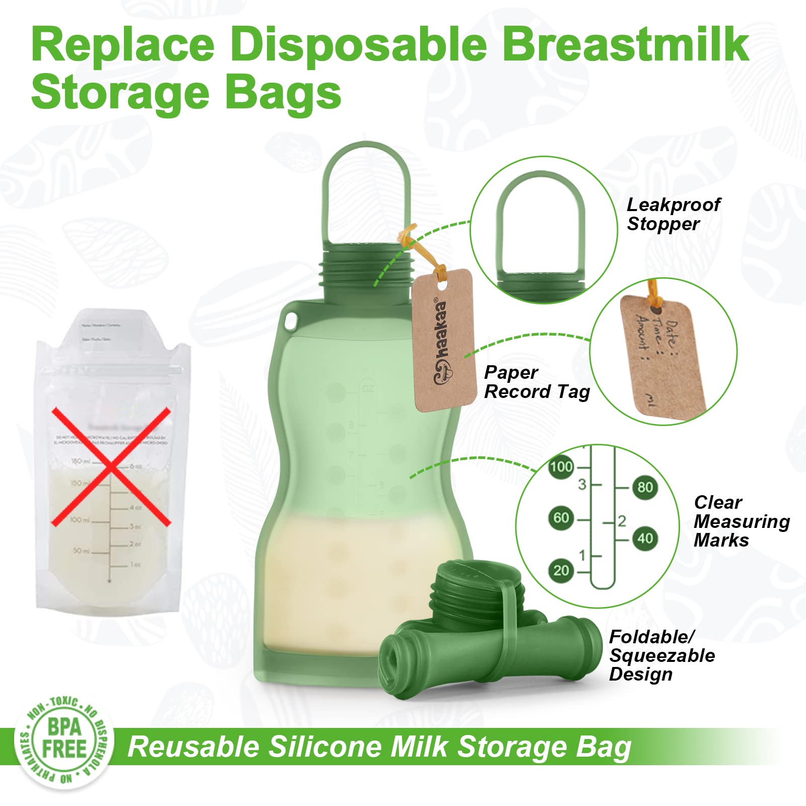 haakaa Silicone Breast Milk Storage Bag&Happii Bear Silicone Breast Milk Storage Bag Set-Reusable Milk Collector Freezer Bag for Breastfeeding Mom|Refillable Baby Food Squeeze Pouch