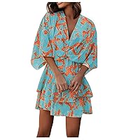 Women Short Elbow Length Sleeve Dresses Floral Dresses for Women Vneck Beach Hawaiian Midi Fall Summer Dresses 2024