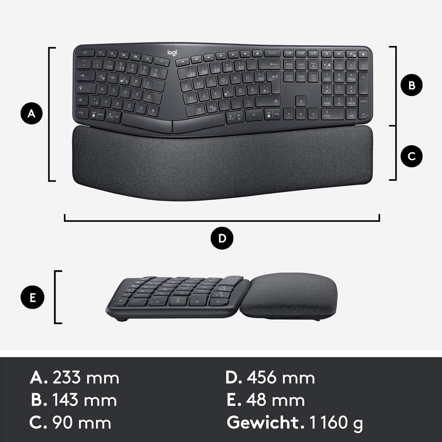 Logitech ERGO K860 kabellose ergonomische Tastatur – geteilte Tastatur, Handballenauflage, natürliches Tippen, schmutzabweisendes Material, Bluetooth und USB-Verbindung, für Windows/Mac - Graphit