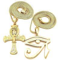 Ankh and Eye Of Ra Set Gold Color Pendants with Box Link Necklaces Djed of Osiris