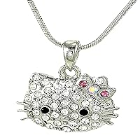 Kitty Cute Necklace Silver Tone Crystals Pink Bow 18 Inches