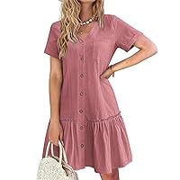 Linen Dresses for Women 2024 Casual Summer Ruffle Hem Dress Button Down Collared Shift Dress Short Sleeve Tunic Dress