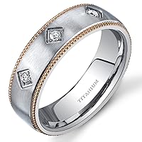 PEORA Designer 3-Stone Titanium Wedding Ring Band for Women, 6mm Yellow Gold-tone Milgrain Edge, Comfort Fit, Sizes 5 to 8