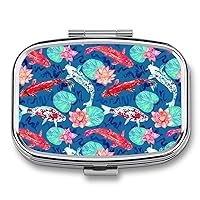 Pill Box Colorful Carp with Lotus and Lotus Leaves Square-Shaped Medicine Tablet Case Portable Pillbox Vitamin Container Organizer Pills Holder with 3 Compartments