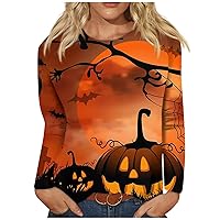 Long Sleeve Blouses for Women, Blouse Blouses Women Camisas De Mujer 2023 Sexis Women's Fashion Casual Striped Halloween Printed Round Neck Top Recently by Me Blouses (S, Orange)