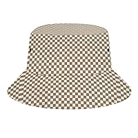 Bucket Hats for Women Checkered Plaid Khaki TravelPackable Unisex Fashion Bucket Printed Hat Sun Cap Packable Outdoor Fisherman Hat for Women and Men Teens Beach Caps Fishing Cap