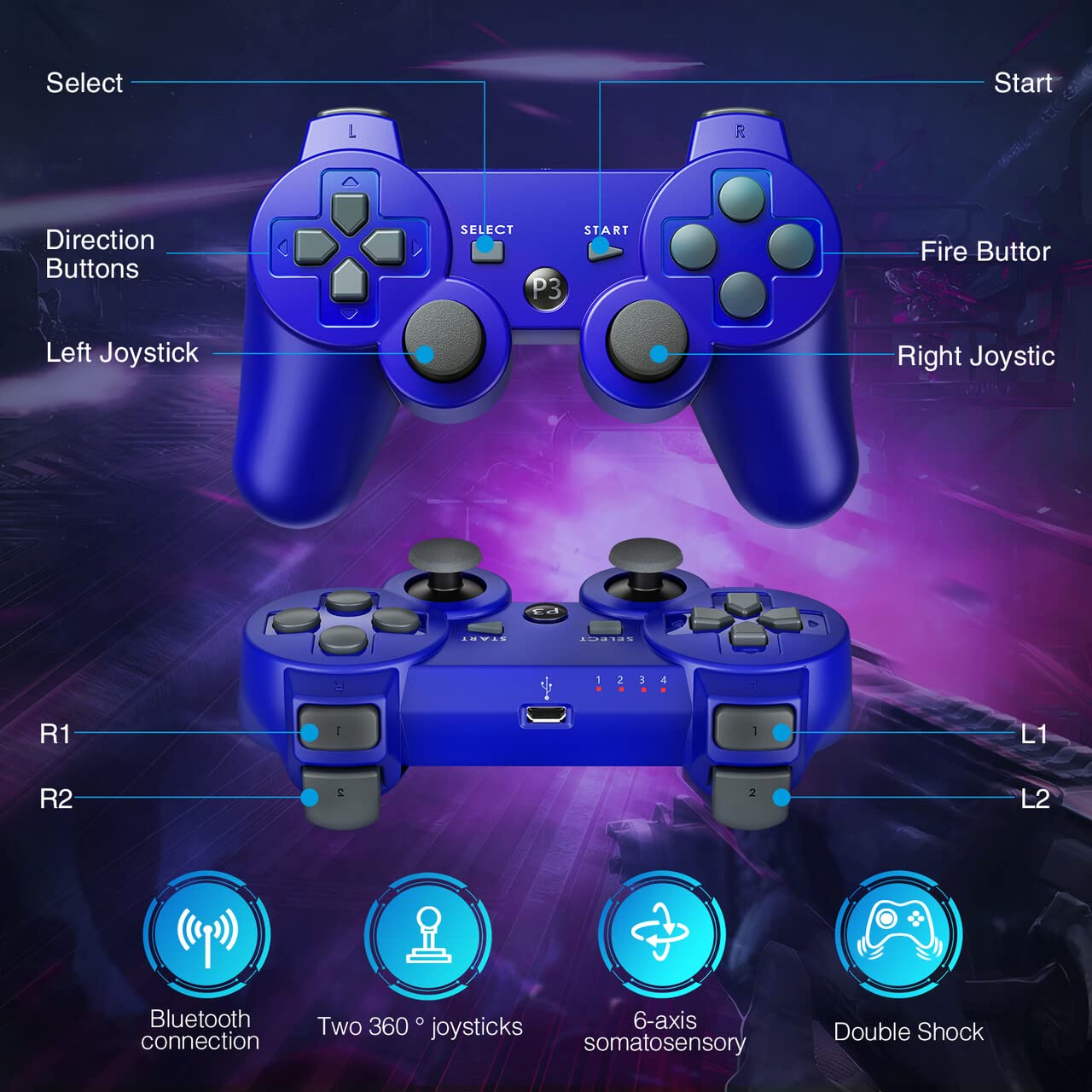 Powerextra PS-3 Wireless Controller for Play-Station 3 with High Performance Upgraded Joystick Rechargeable Battery Double Shock for PS-3 (Blue)
