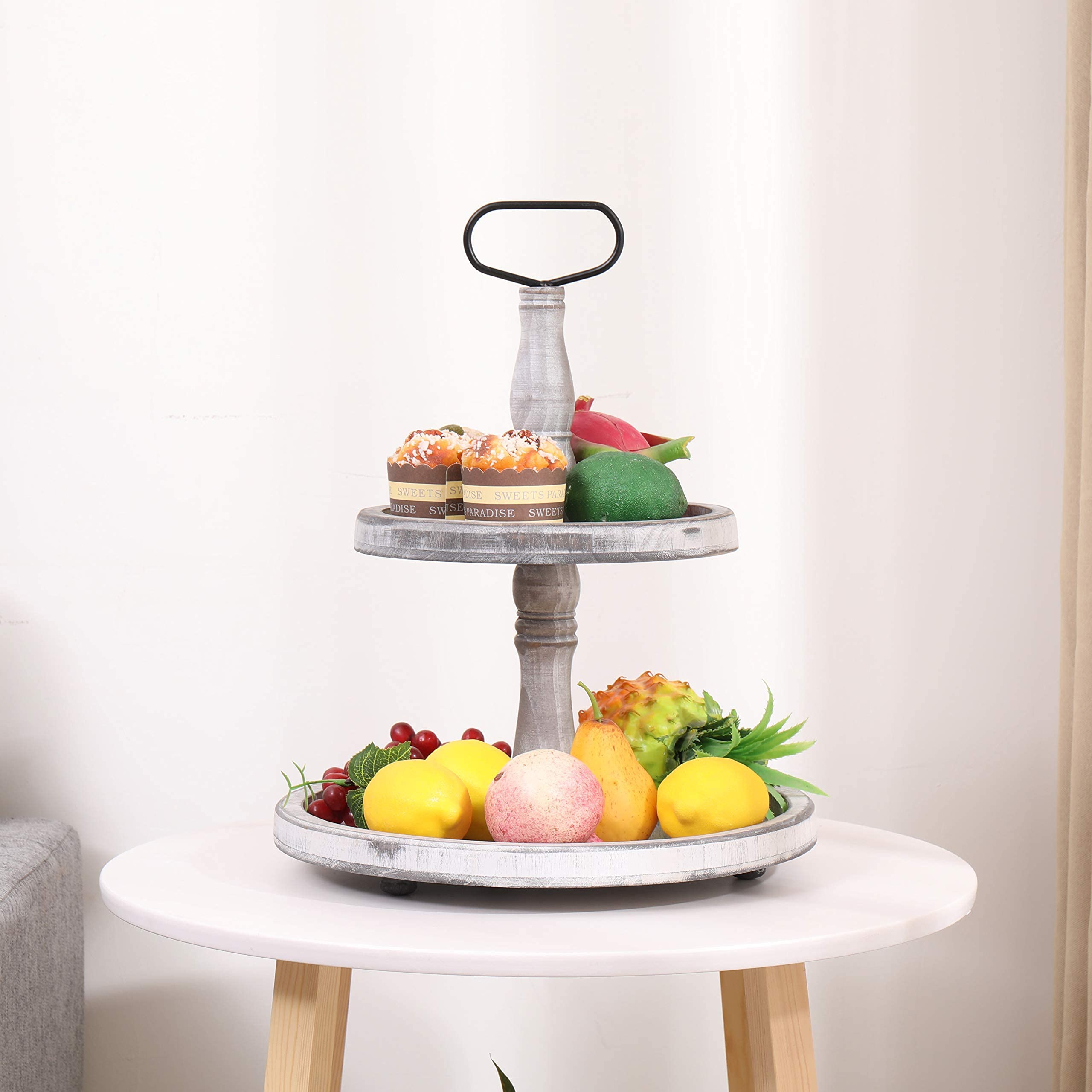 Vintage Wood Two Tiered Tray with Round Metal Handle，Easy to Assemble 2 Tier Home Decor for Tiered Food Presentation Serving Tray，Cupcake Tray (White)