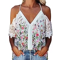 Women Knitted Lace Half Sleeve Tops Cold Shoulder Spaghetti Strap Sexy Shirts Summer Boho Floral V Neck Blouses