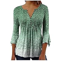 3/4 Sleeve Shirts for Women Loose Fit Pleated Tops Floral Printed Graphic Tees V Neck Trendy Tops Cute Casual Work Blouses