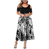 Plus Size Floral Maxi Dress for Women, Summer Ladies Cold Shoulder Lace Crewneck Party Dress