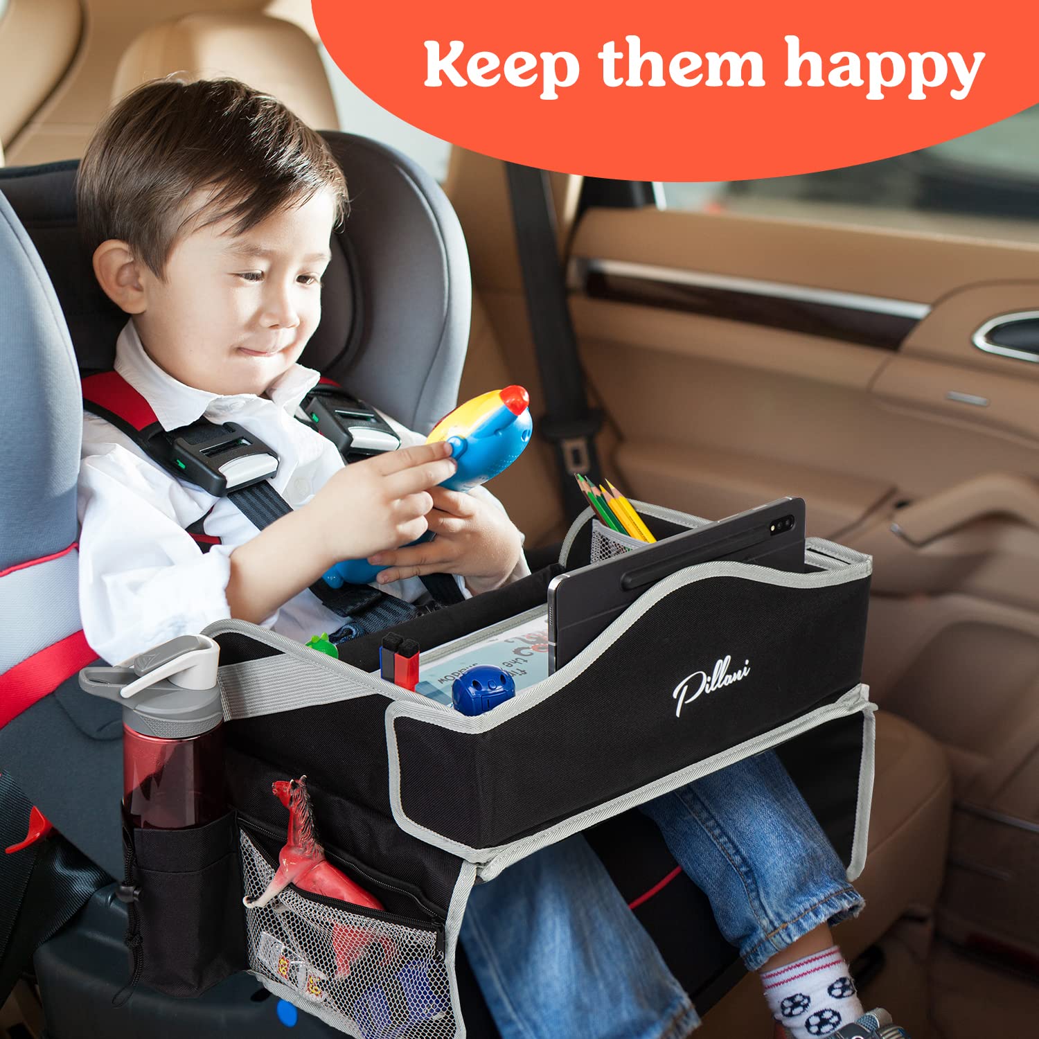 Pillani Kids Car Seat Tray for Travel, Roadtrip Essentials, Carseat Table Tray for Road Trip Activities - Toddler Lap Desk Organizer for Airplane