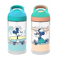 Zak Designs Disney Mickey Mouse Kids Water Bottle with Straw 16oz 2 Pieces set, BPA-Free, Built in Carrying Loop Set, Made of Plastic, Leak-Proof Designs