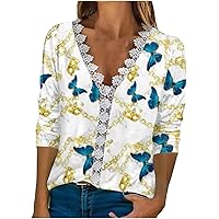 Womens 3/4 Sleeve V Neck Blouses Sexy Lace Trim Butterfly Graphic Tee Shirts Loose Fit Lounge Fashion Classic Tops