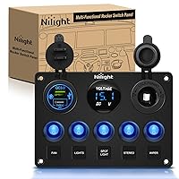 Nilight 5 Gang Multi Function Waterproof Switch Panel PD Type C and USB Charger Digital Voltmeter 12V Outlet Rocker Switch Panel with Inline Fuse for RVs Cars Boats Trucks Trailers, 2 Years Warranty