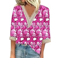 Sexy Tops for Women Valentine Heart Pattern Pretty Splice Loose with 3/4 Length Sleeve Deep V Neck Blouses