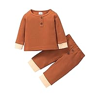 Toddler Infant Baby Boys Girls Clothes Button Patchwork Long Sleeve Sweatshirt Tops Pants (a-Brown, 6-9 Months)