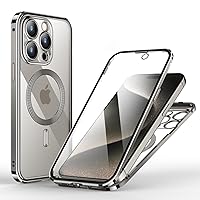 Phone Case for iPhone 15 Pro Front and Back Protection Magnetic Compatible with Magsafe Metal Bumper Glass Screen Protector Double Sided Cover with Camera Lens Protector - Natural Titanium