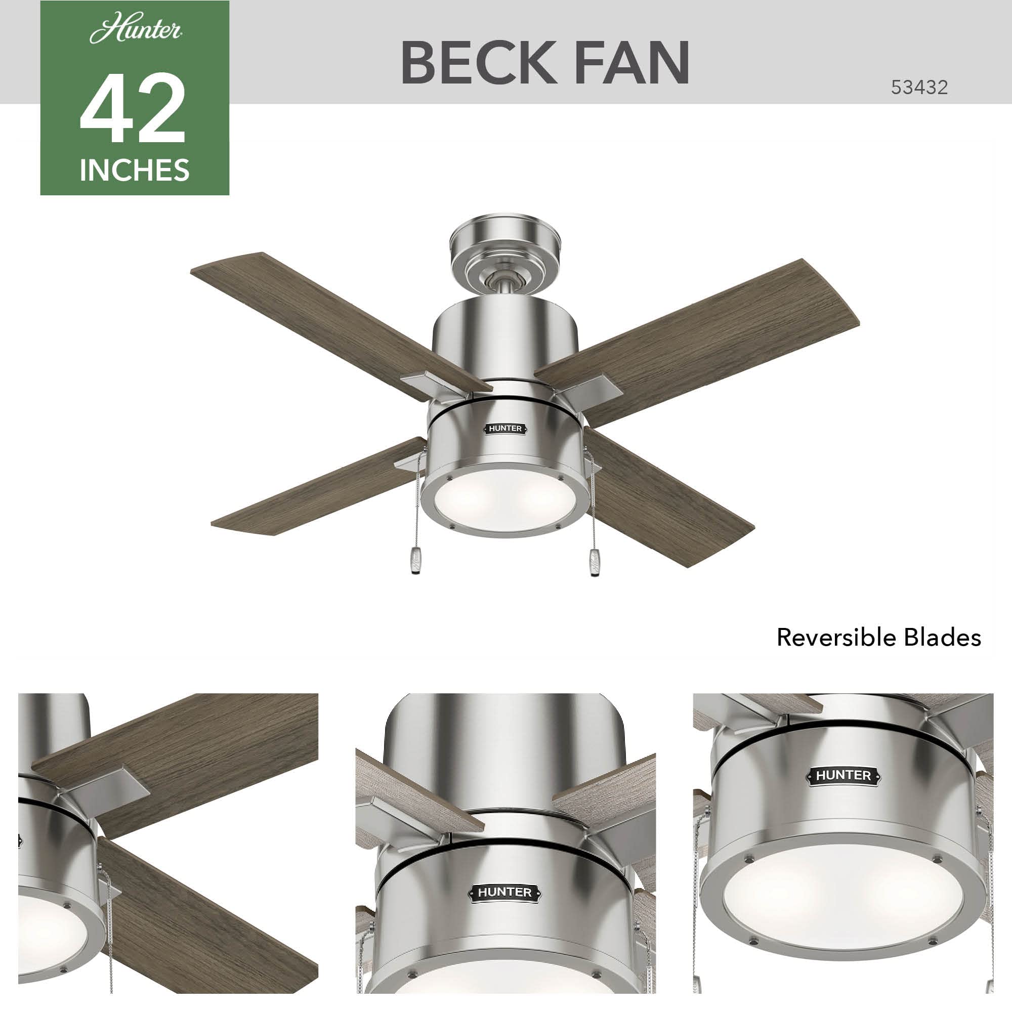 Hunter Fan Company 53432 Beck Ceiling Fan, 42, Brushed Nickel Finish