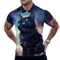 Galaxy Sky Moon Cat Mens Polo Shirts Casual Short Sleeve T Shirt Regular Fit Golf Shirts Funny Printed