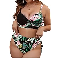 Womens Plus Size Bikini Sexy High Waisted Swimsuits Floral Cross Top Two Piece Bathing Suit Tummy Control