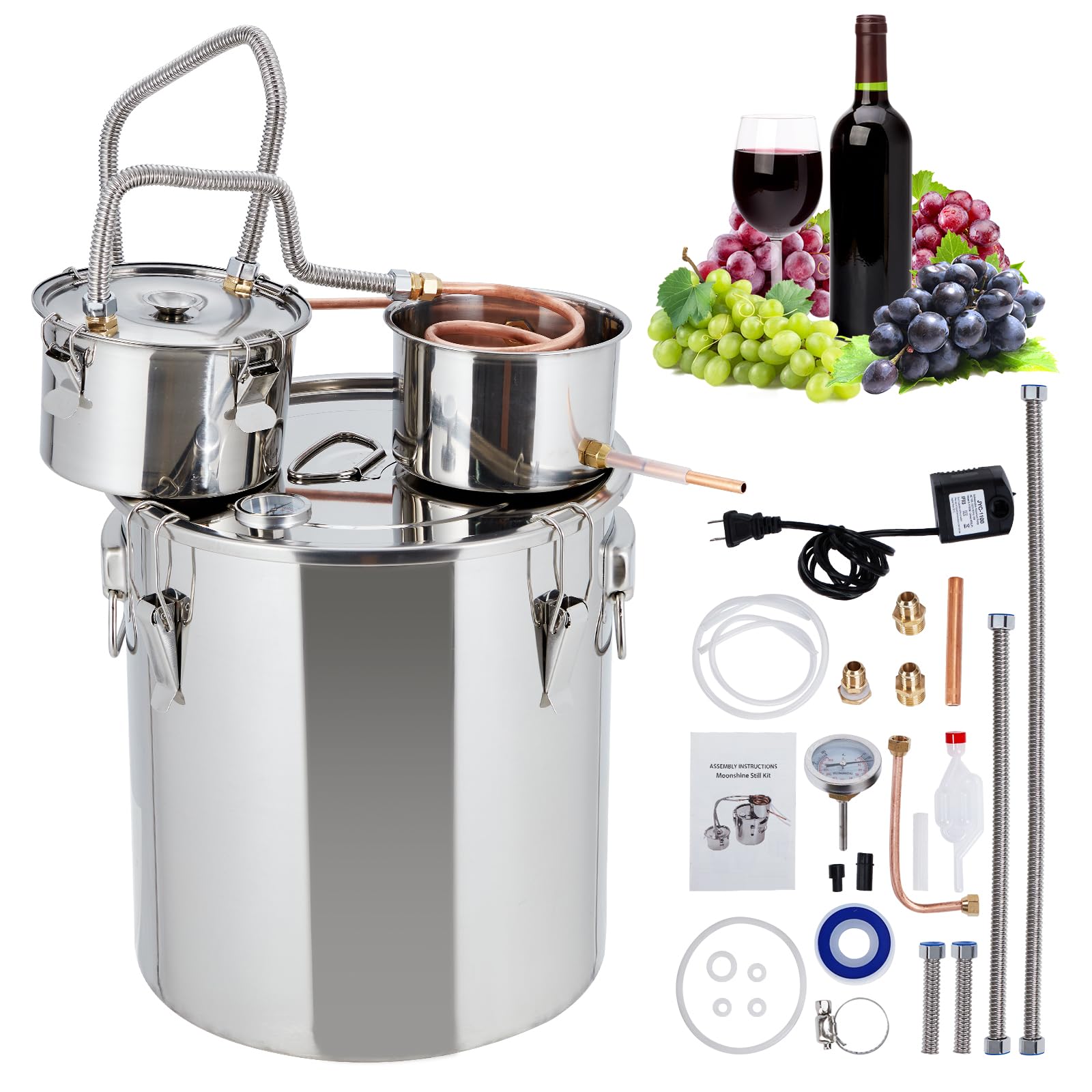 Alcohol Still 10Gal/38L Alcohol Distiller Stainless Steel Distillery Kit for Alcohol With Copper Tube Water Pump Build-in Thermometer, Home Brewing Kit for DIY Whisky Wine Brandy Making