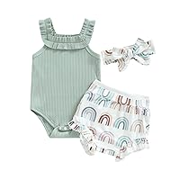 Newborn Baby Girl Summer Short Clothes Outfit Ruffle Sleeve Romper Elastic Waist Shorts Headband Set
