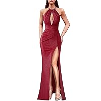 VFSHOW Womens Formal Prom Beaded Halter Neck Sexy Keyhole Front Ruched Maxi Dress 2024 High Split Long Cocktail Evening Gown
