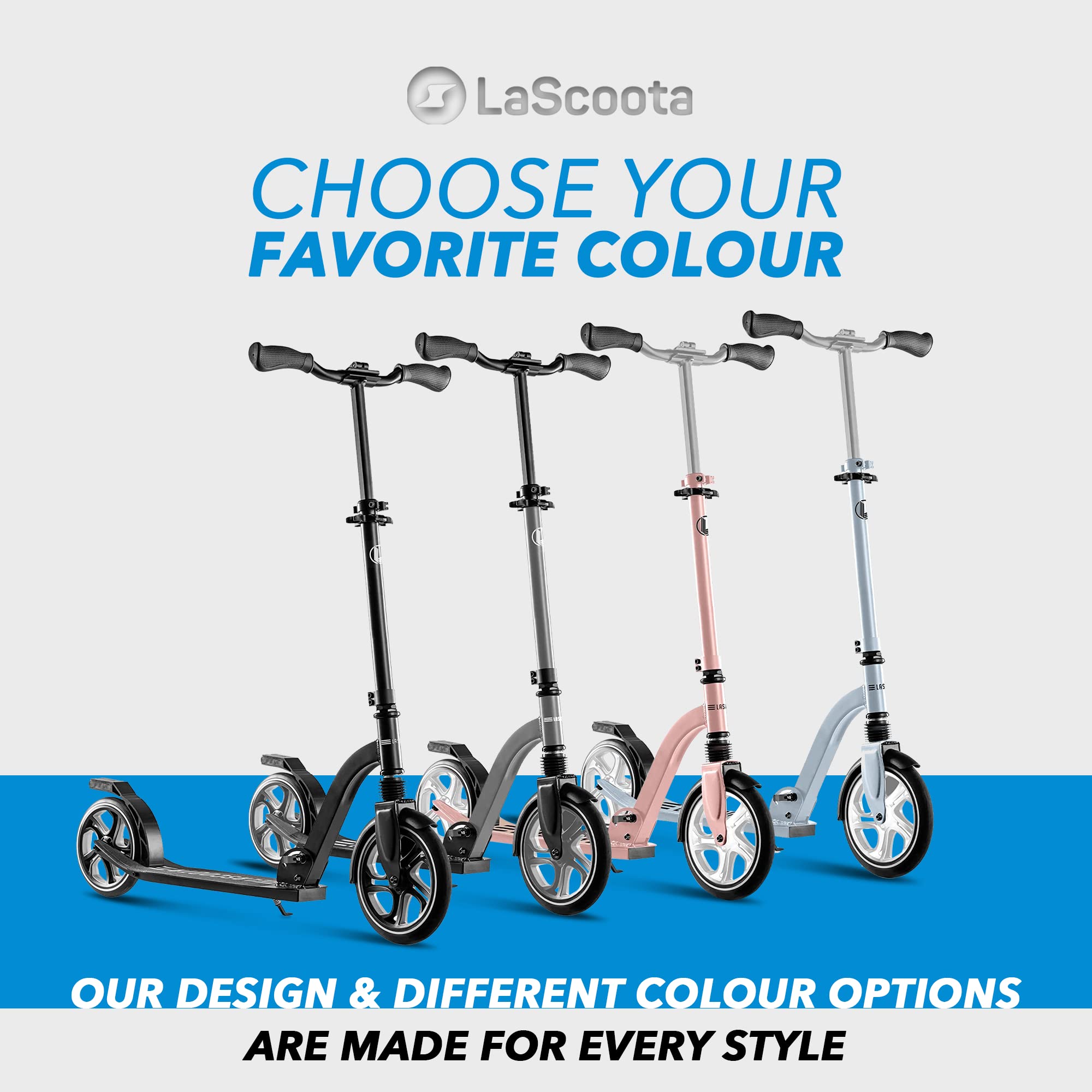LaScoota Professional Scooter for Ages 6+, Teens & Adults - Lightweight & Big Sturdy Wheels for Kids, Teen & Adults. Adjustable Handlebar, Foldable Kick Scooter for Indoor & Outdoor, Great Gift & Toy