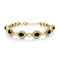 Gem Stone King 18K Yellow Gold Plated Silver Black Onyx Tennis Bracelet For Women (6.12 Cttw, Gemstone Birthstone, Oval 7X5MM, 7 Inch with 1 Inch Extender)
