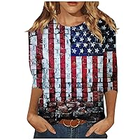 4th of July Shirts for Women Independence Day Crewneck 3/4 Length Sleeve Plus Size Top American Flag Printed Tees