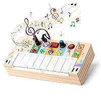 Montessori Toddler Busy Board, Wooden Sensory Board Piano Toys with LED Light Switch, 6 Different Animal Sounds and 8 Musical Notes, Educational Toys for Kids Activities for 3+ Year Old