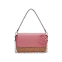 Anne Klein Soft Straw Flap Shoulder Bag with Floral Applique, Natural/Vintage Pink