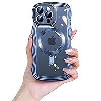 JUESHITUO for iPhone 15 Pro Max Case with Cute Curly Wave Frame Shape [Compatible with MagSafe] [Integrated Lens Cover] Metallic Shiny Glossy Soft Bumper Case for iPhone 15 ProMax Women Girl, Blue