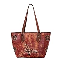 NOVICA Handmade Batik Leather Shoulder Bag Butterfly from Java Handbags Brown Tote Painted Indonesia Animal Themed Floral Bug 'Queen of Flowers'