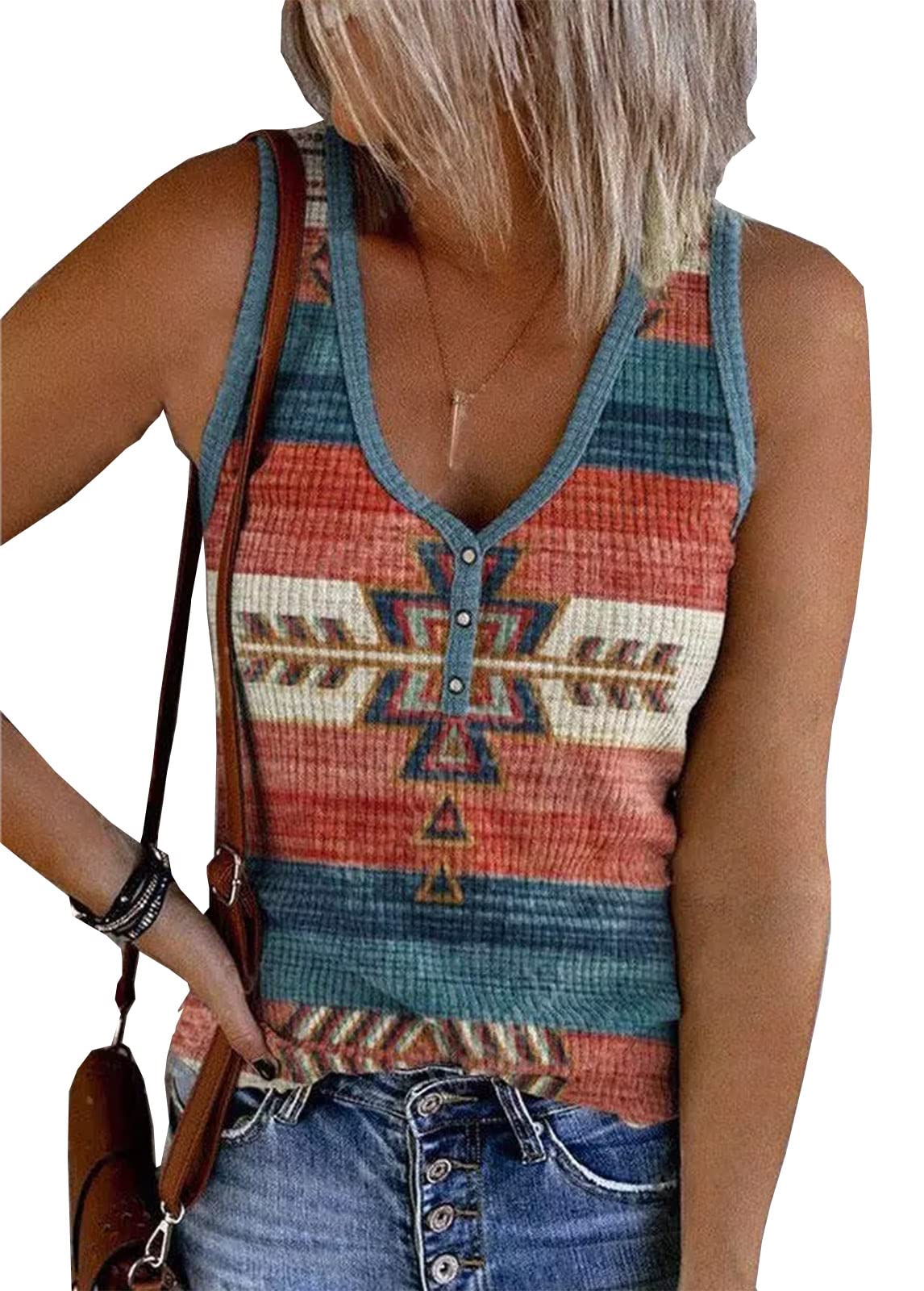 Western Aztec Print V Neck Women Henley Tank Tops Summer Ribbed Sleeveless Shirts Casual Loose Button Tank Tops