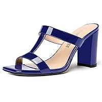 Women's Patent Square Toe Slip On Open Toe Dress Block High Heel Heeled Sandals 3.3 Inch