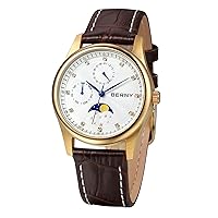 BERNY Womens Multi-Function Watch with Calendar and Moon Phase Watch - Stainless Steel Case and Leather Band
