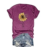 Women Crew Neck Sunflower Tee Shirt Floral Graphic Loose Tees 2024 Trendy Short Sleeve Tshirts Garden Lover Top