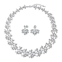 Bridal Large Fashion Vintage Style Leaves Leaf Motif Simulated White Pearl Cubic Zirconia Pave CZ Leaf Bib Statement Necklace Jewelry Set For Women Weddings