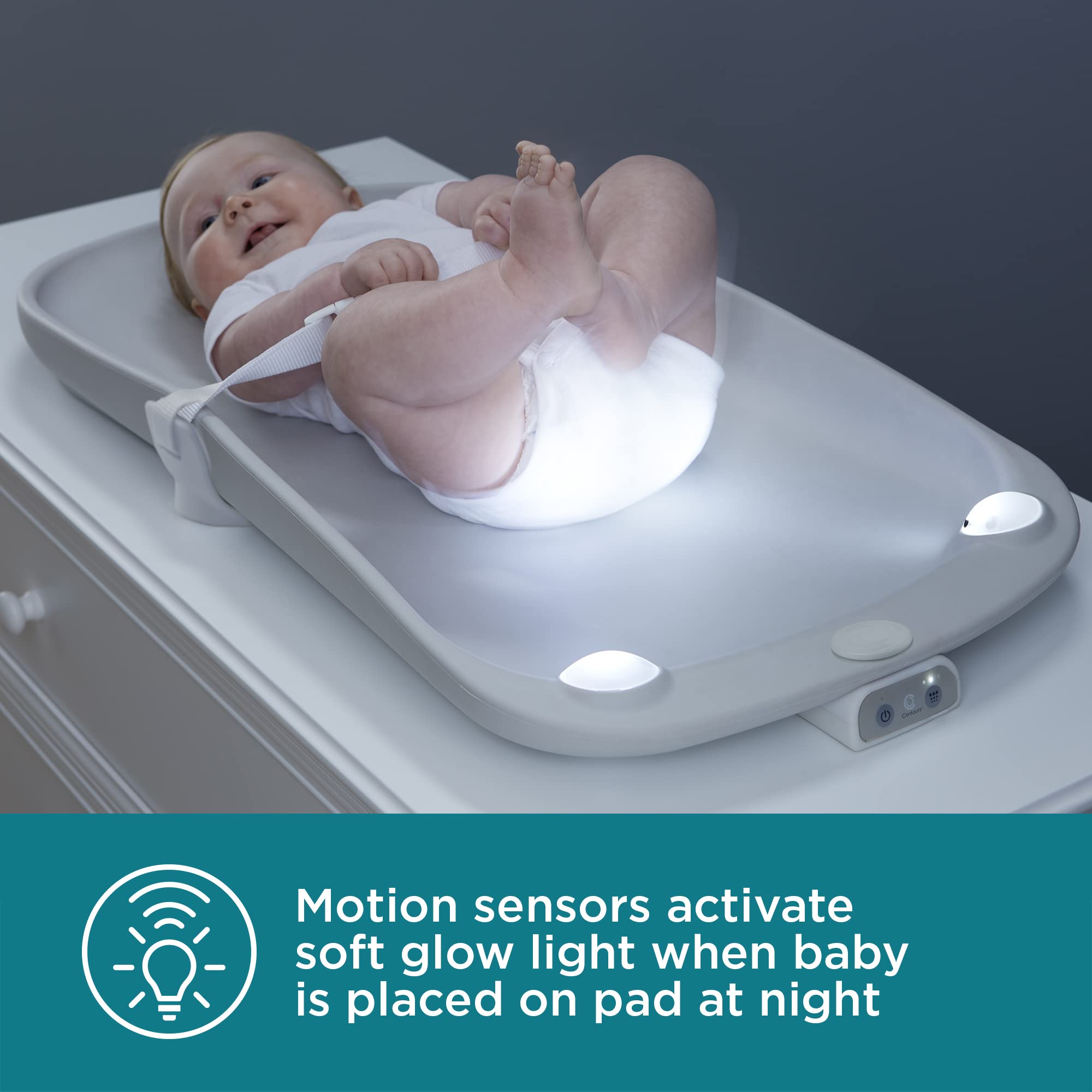 Contours Glow Motion Sensing Light-Up Changing Pad for Dresser or Changing Table, Motion Activated Soft Glow Lights, Three Brightness Settings, Easy to Clean, Comfortable and Waterproof
