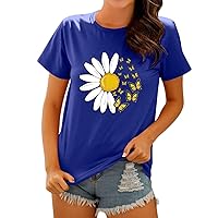 Blouses for Women Plus Size Womens Daily Spring Sunflower Print O Neck Tank Tops Short Sleeve Workout Shirts C